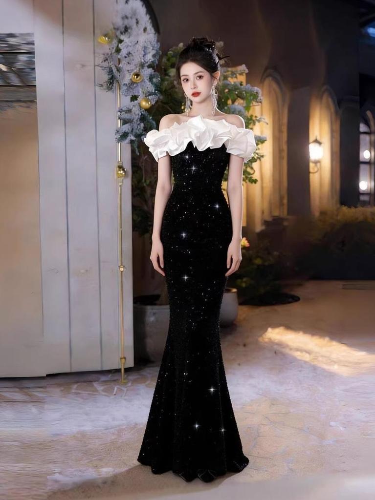 Elegant One-Shoulder Black Sequin Mermaid Evening Gown for Women