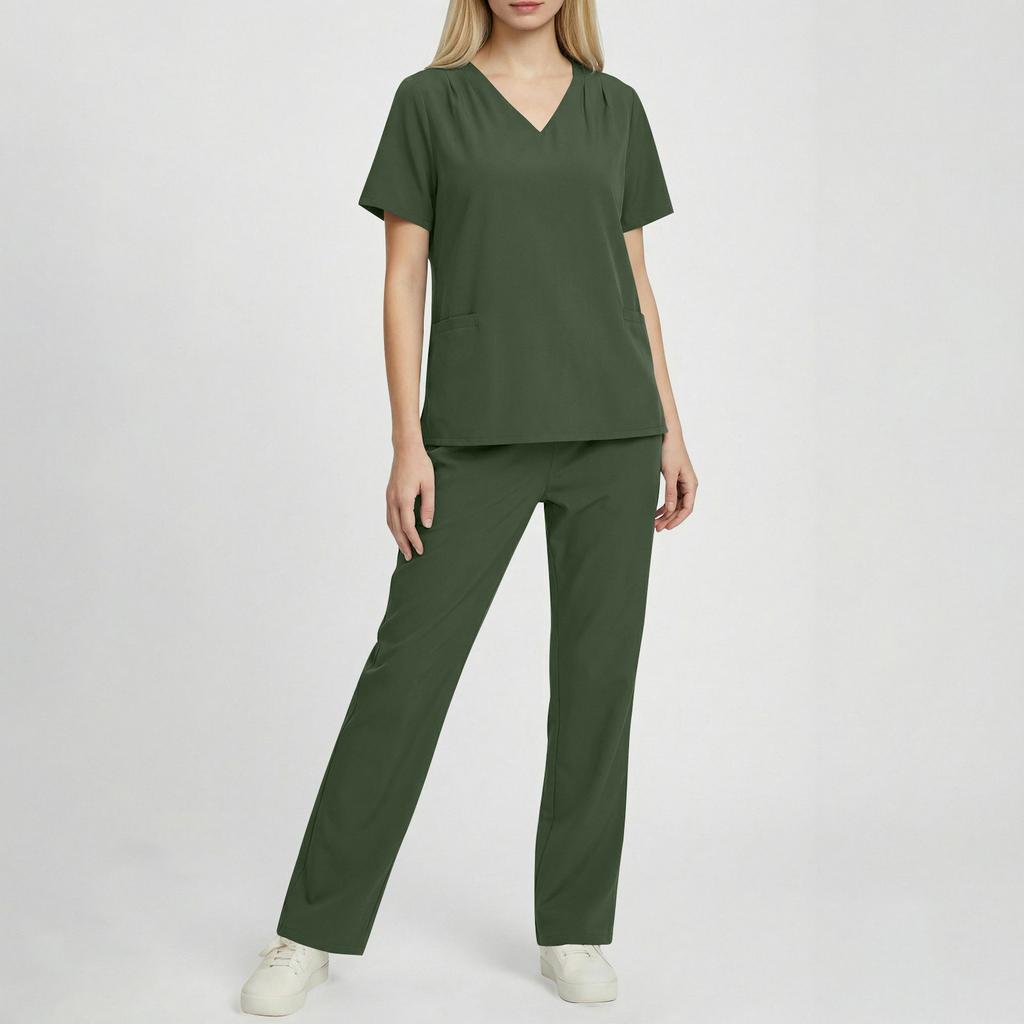 Mode Femme - Ensemble de Travail à Manches Courtes et Col en V de Couleur avec Poche