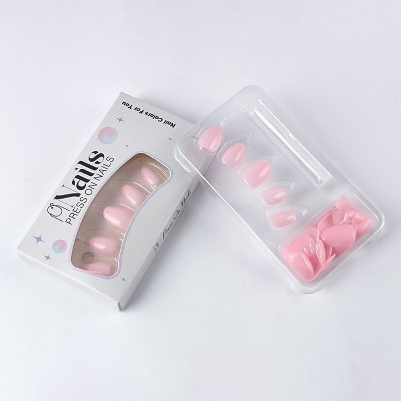 32Pieces/Set Short Oval Press On Nail Glossy Pink Fake Nail ABS Build Natural Looking Manicure Set For Women Party