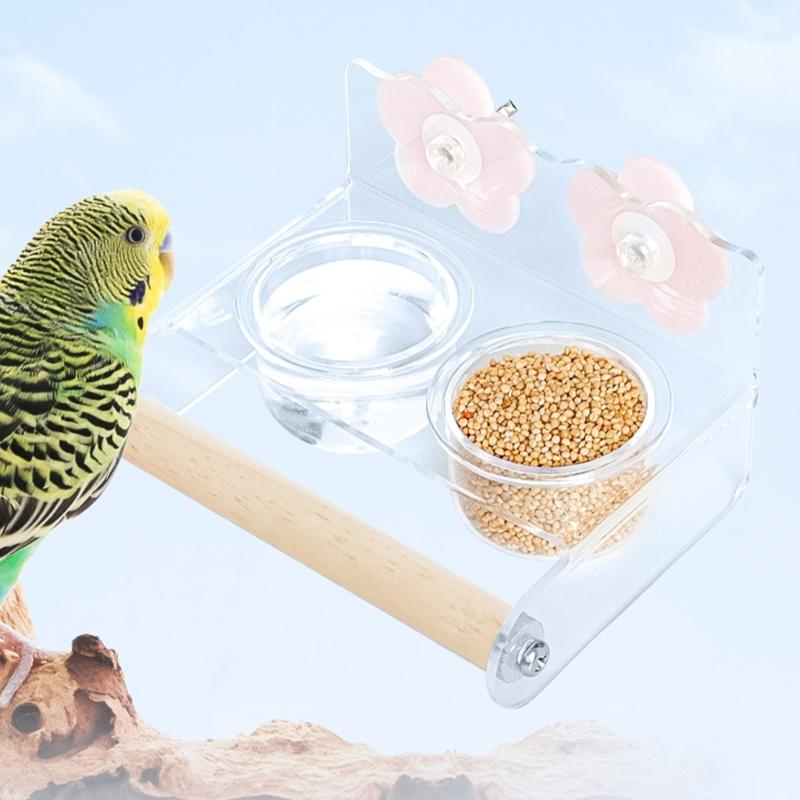 Clear Hanging Double Bowl Bird Food Dispenser And Drinking Cup with Perch Wood Rod For Small Birds Parakeets Finches