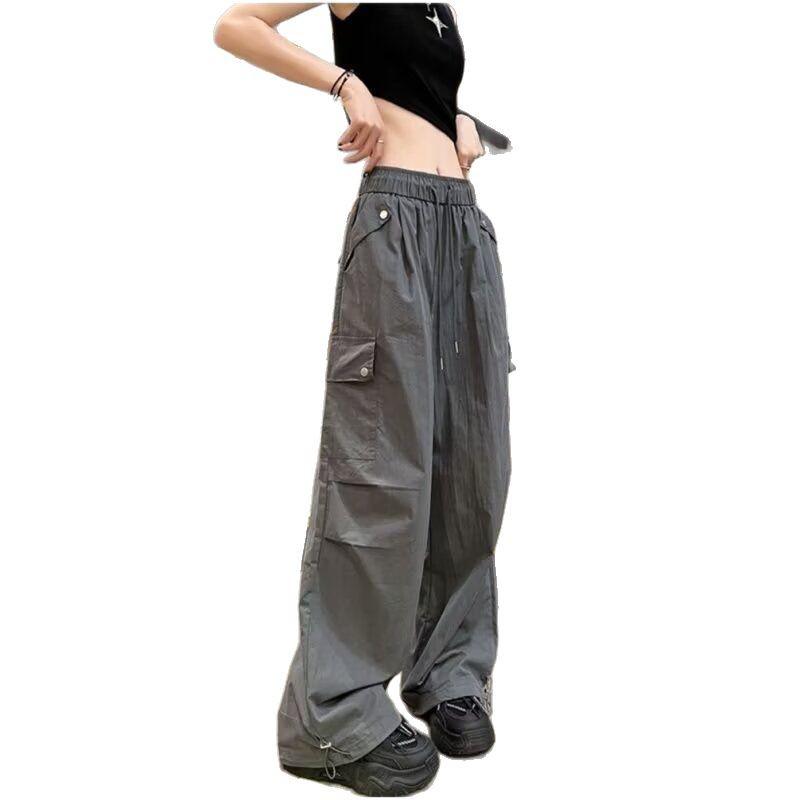Women's White Ice Silk High-Waist Wide-Leg Cargo Pants - Summer 2025, Slimming, Quick-Dry Style