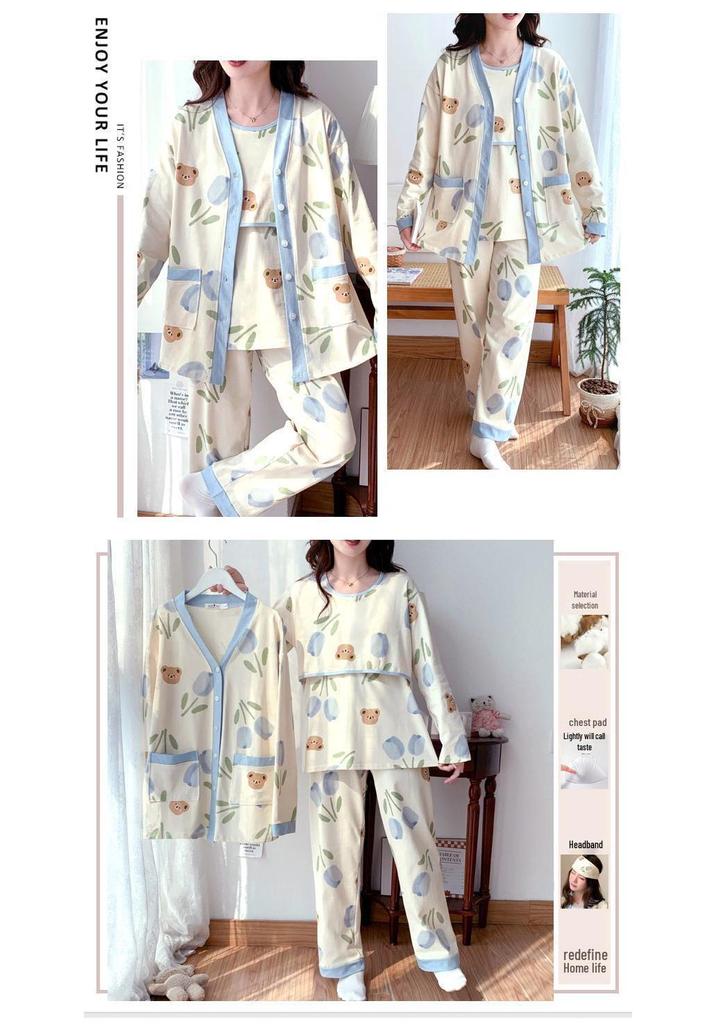 Spring & Autumn Maternity Pajama Set: Breathable Three-Piece for Delivery & Breastfeeding with Absorbent Breast Pads