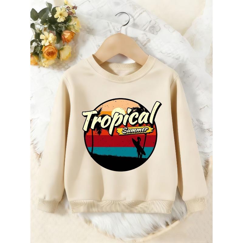 Unisex Kids Crewneck Sweatshirt, Vintage Tropical Summer Surf Palm Tree Sunset Pullover, Boys Girls Beach Casual Sweatshirt For Kids Over 4 Years Old