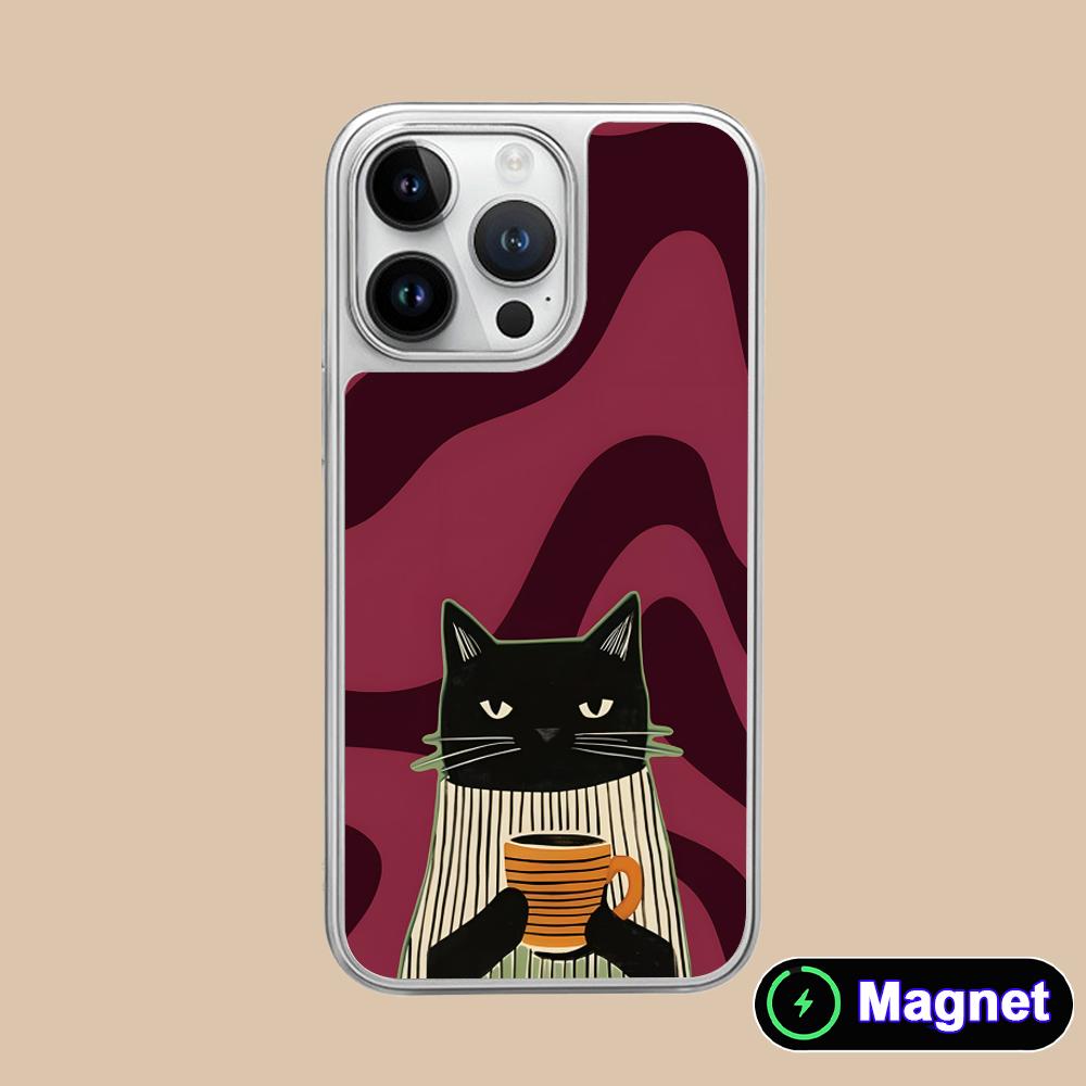 Cute Coffee Cat Silver Plating Magsafe Mobile Phone Case for iPhone 17 16 15 14 13 12 11 Air Pro Max Plus Colorful Cover