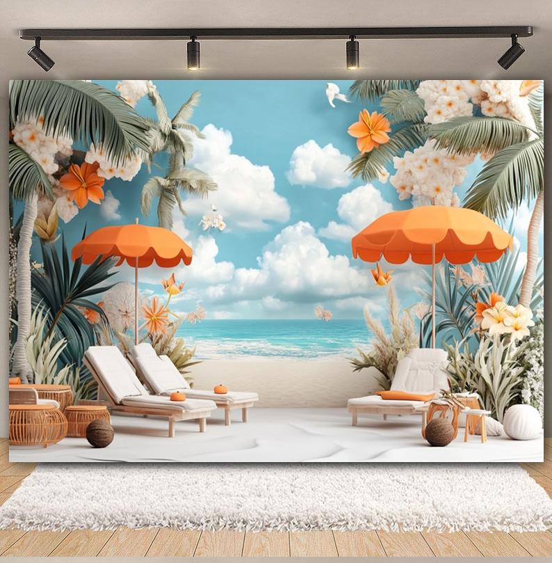 Summer Beach Backdrop Hawaii Tropical Seaside Sunshine Blue Sky Palm Tree Baby Birthday Holiday Party Photography Background