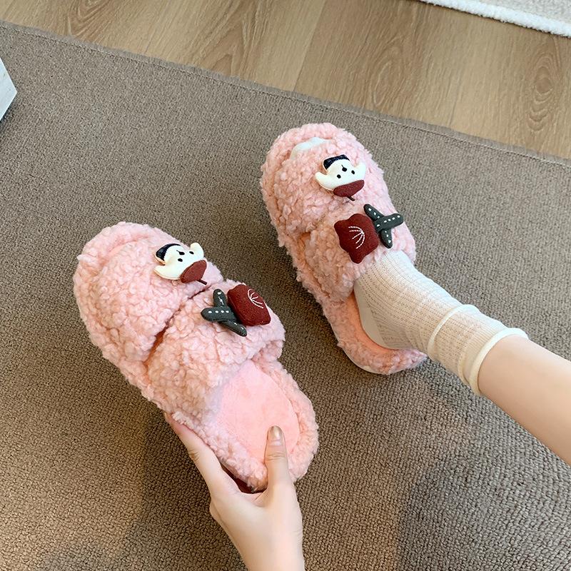 Cute Cartoon Puppy Fluffy Slippers Women's Winter 2025 New Versatile Thick Bottom Heightening Outer Wear Cotton Slippers Tide