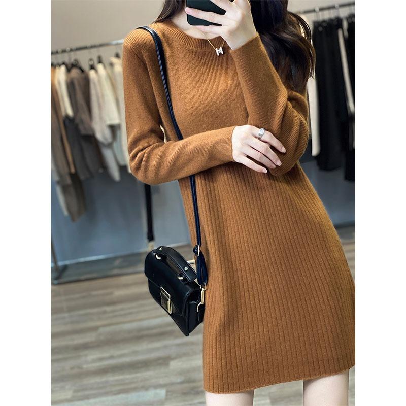 Autumn and Winter New Medium and Long Sweater Women's Crew Neck Knitted with Coat Dress Small Versatile Bottoming Skirt
