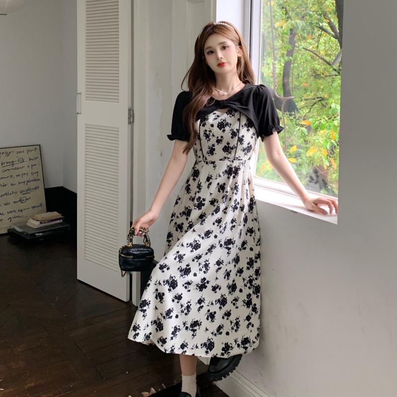 Floral Dresses Women French Mori Girl Style All-match Elegant Summer High Street Midi College Dress