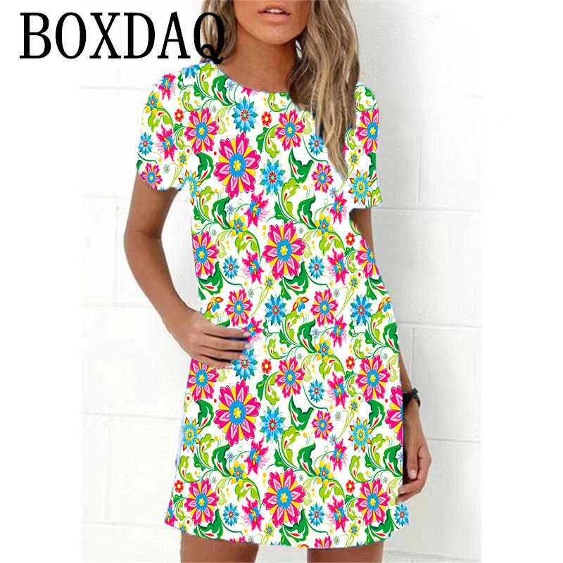 Blue Flower Print Women Dress Elegant Sweet Casual Short Sleeve Loose A-Line Dress Oversized Summer Beach Dress Female Sundress