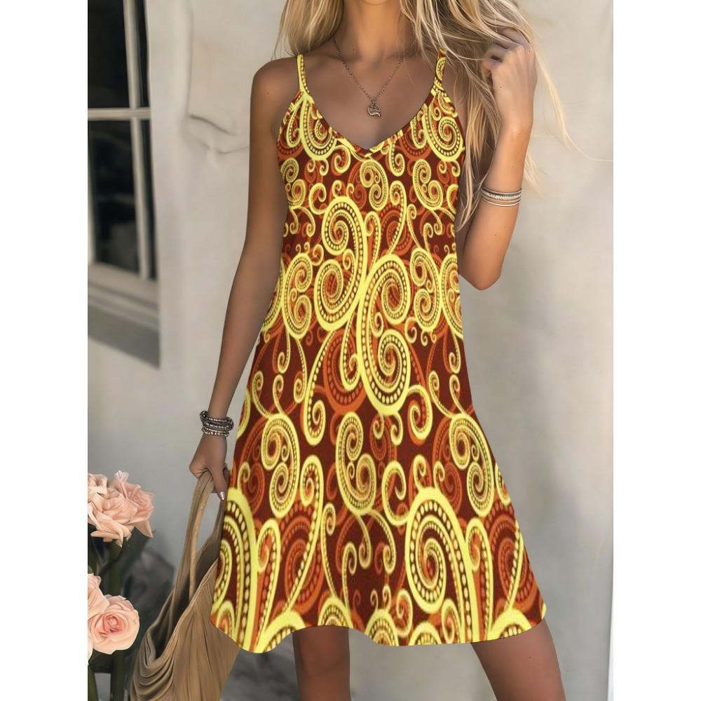 Women's Casual Bohemian Style, Summer Deep V-Neck Spaghetti Strap Midi Dress