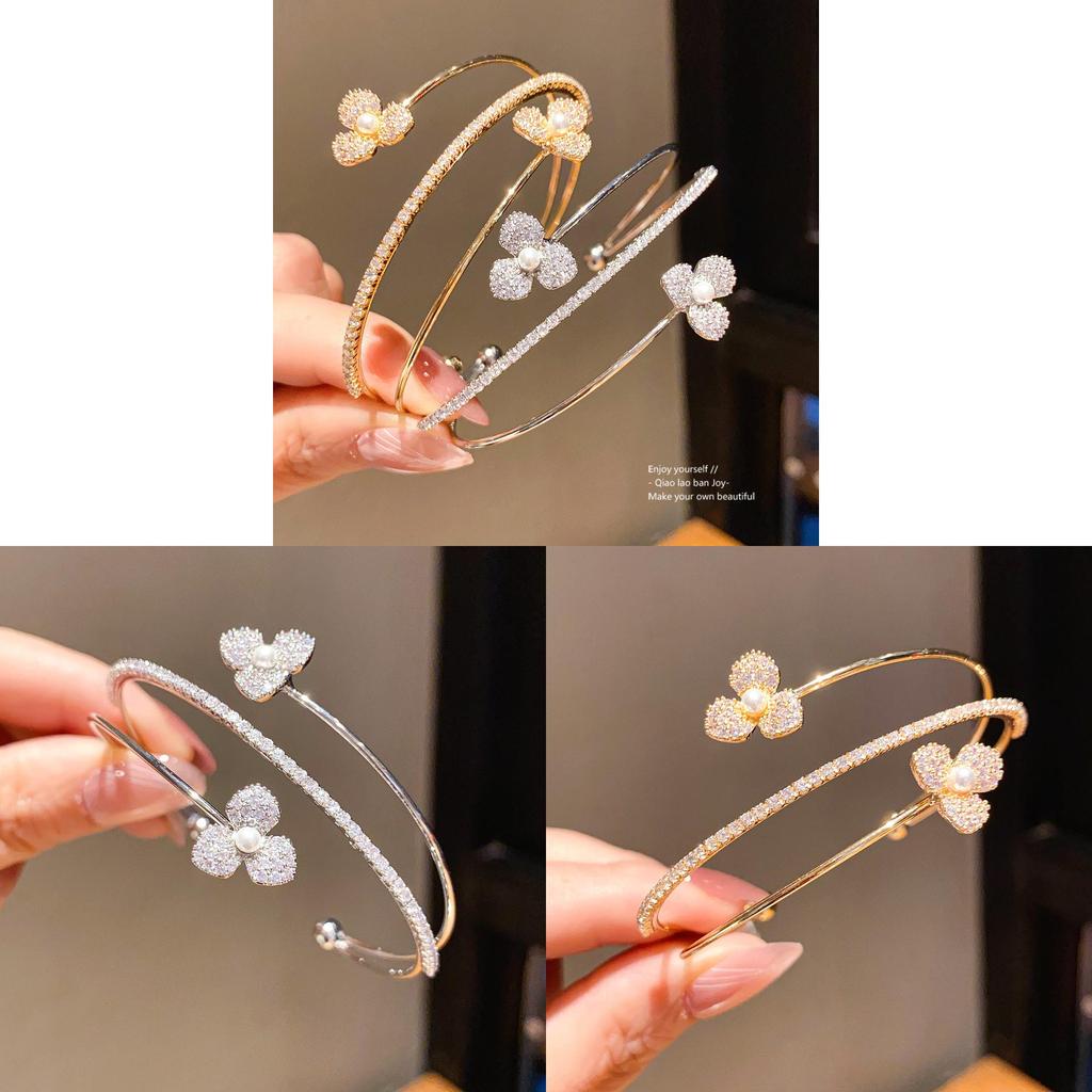 Zircon Pearl Flower Three Layer Open Bracelet With Elegant Design For Women