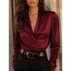 women's Satin Surplice V Neck Elegant Blouse Long Sleeve Shirt Casual Top