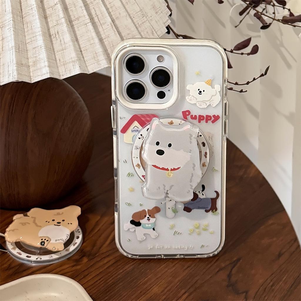 Cartoon Magnetic Suction Bracket 15Promax Cute Puppy IPhone 16 Mobile Phone Case 14 Suitable for 13 Anti Fall 12 Soft Cover