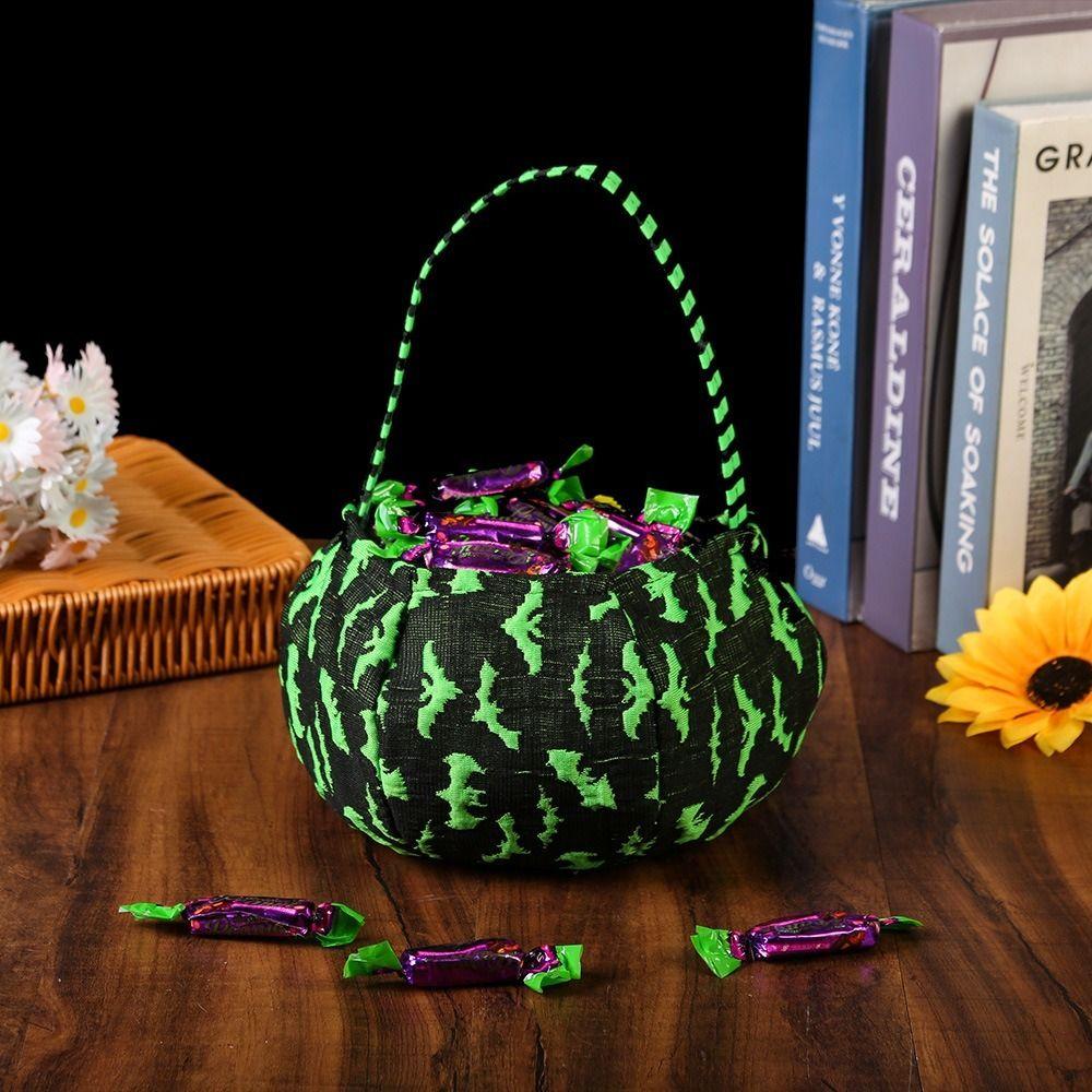 Bat Candy Polyester Halloween Bucket Portable Basket Handle Candy Basket Trick-or-Treat Bag Night Outdoor Adventures