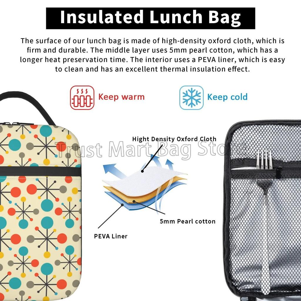 Mid Century Fifties Modern Atomic Retro Colors Insulated Lunch Bag Resuable Thermal Lunch Box Portable Cooler Bento Tote Bags