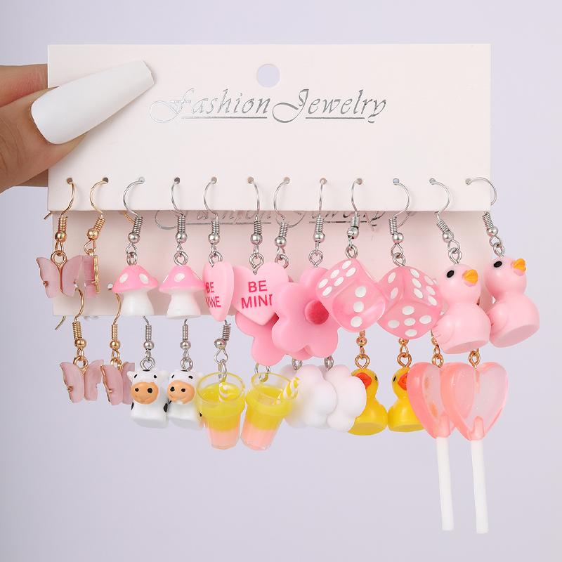 10 Pairs Cartoon Duck Dangle Earrings Set Cute Butterfly Heart Mushroom Animal Drop Earrings for Women Trendy Girl Kids Jewelry