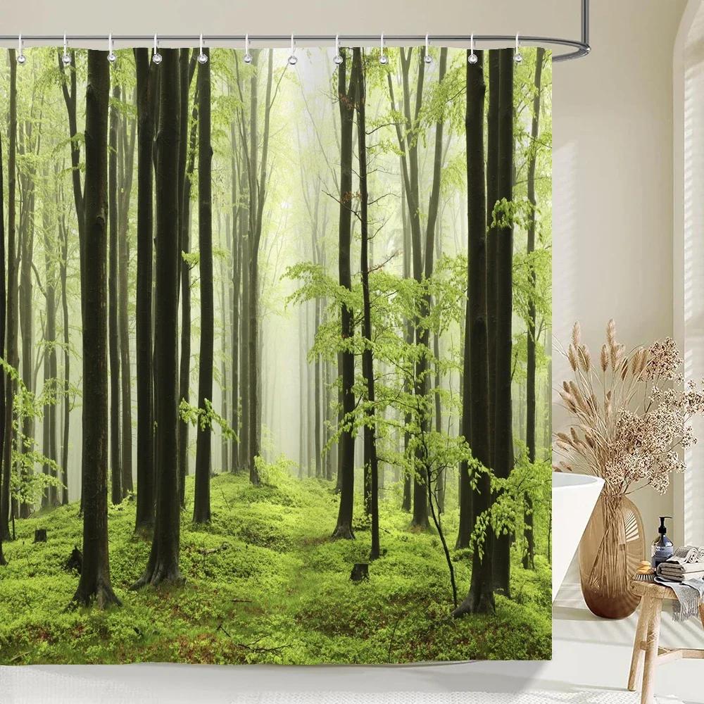 Hochwertiger Birkenwaldstoff Duschvorhang Wasserdicht Naturlandschaft Gedruckte Badevorhänge für Badezimmerdekor mit Haken