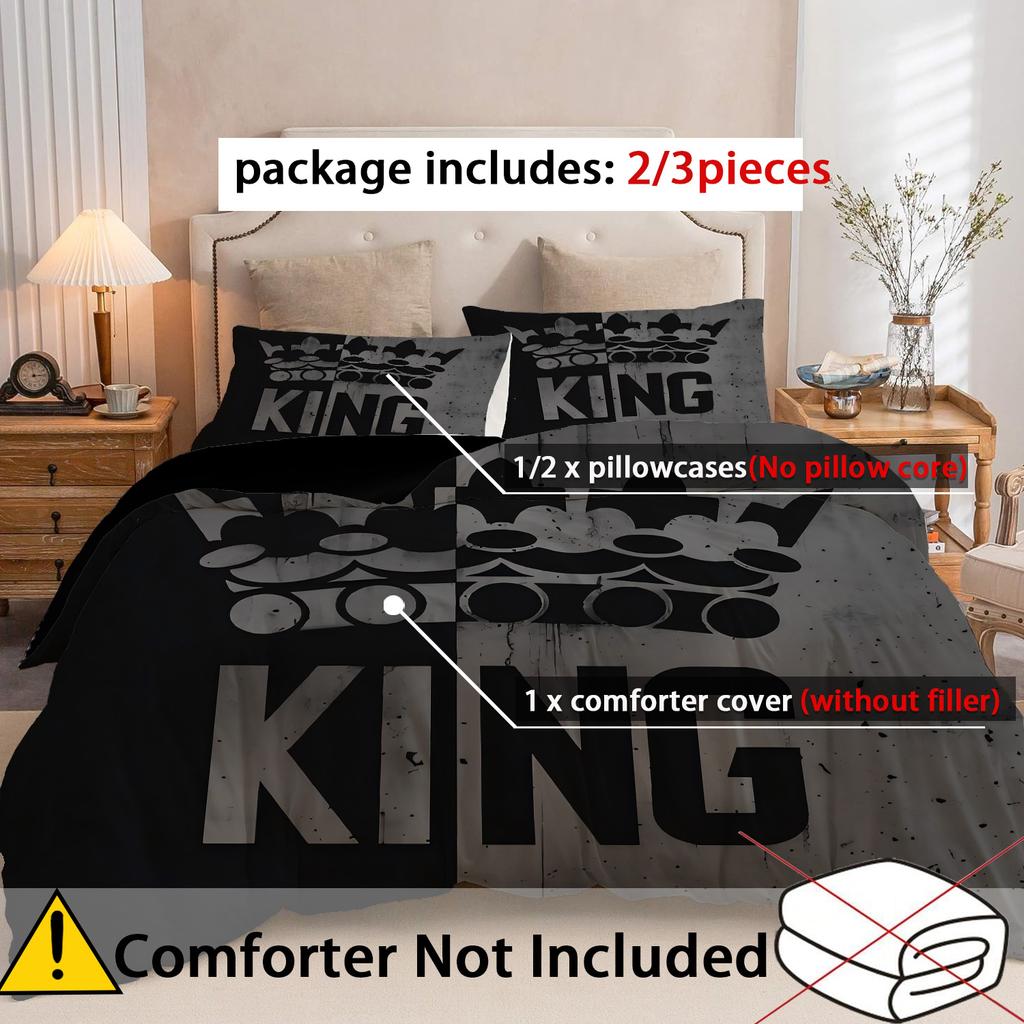 King'S Crown Pattern 3D Printed Couple Style Bedding Cover Grey Black Duvet Cover Set Soft Comfortable Polyester Quilt Cover Set
