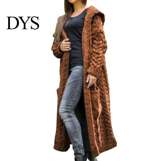Hooded Coat Women Sweater Jacket with Pockets Mid Length Knitted Twisted Texture Solid Winter Color Long Sleeve Plus Size Thick Daily Commuting