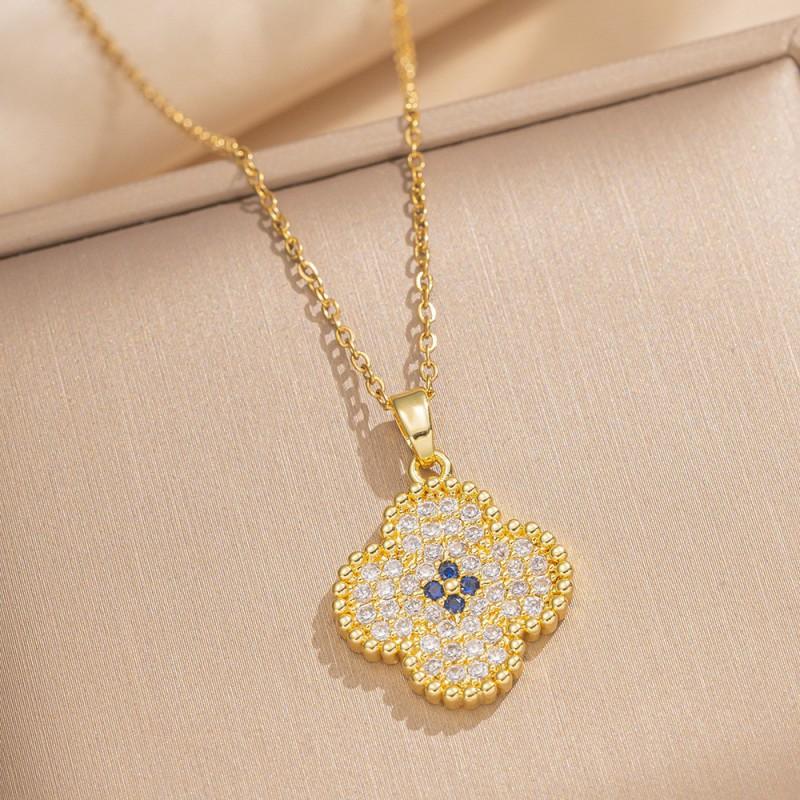Womens Titanium Steel Clover Jewelry Set Gold Plated Full Necklace Earrings Ring Fashion Versatile