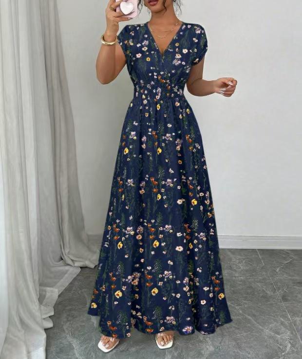 Short-sleeved dress, new printed V-neck long dress, European and American summer waist women's clothing