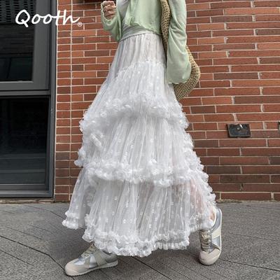 Gonna di Tulle Bianco a 3 Strati Gonna Aderente A-Line Gonna Midi a Vita Alta Gonna di Pizzo Dolce Casual QT2592