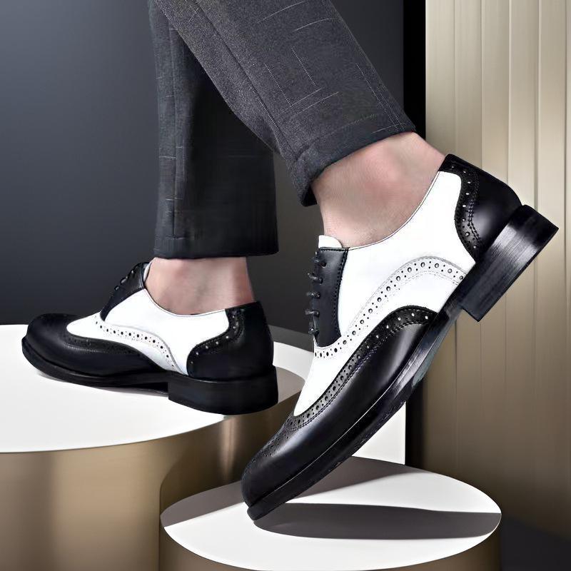 Men's Brogue Leather Shoes: Large Size, Color-Block, Trendy Formal Footwear