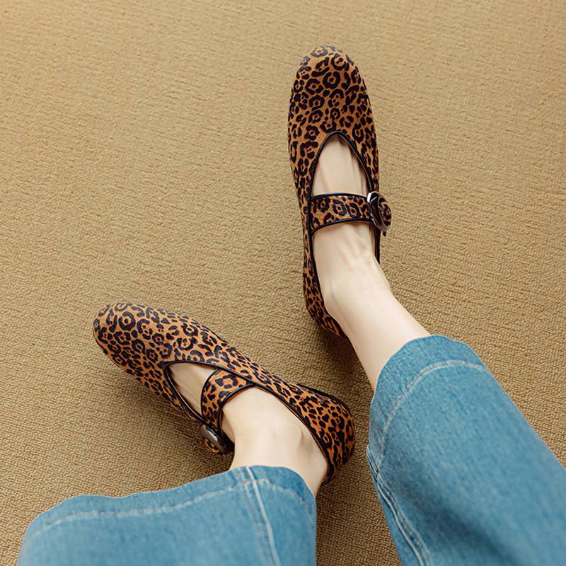 Krazing Pot Piele de Oaie Suedeză Vară Mărimea 40 păr de cal leopard mary janes Tocuri Joase vârf rotund Balerini eleganți decupați