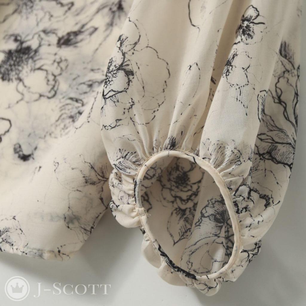 Flower Print Puff J-Scott Painting-Style Blouse, Collarless, Sleeves, Sheer, Lightweight, Refreshing, Ivory, JS46-IV-S