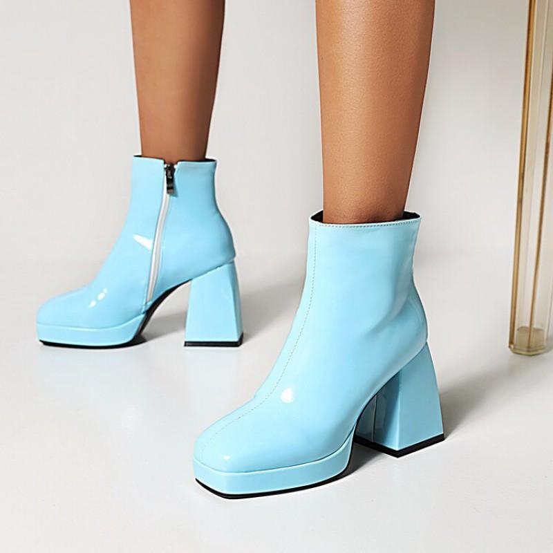 Damen Chunky Heel Quadratische Spitze Kunstleder Stiefeletten Mit Seitenreißverschluss Wasserdichte Plateau Herbst Winter Mode