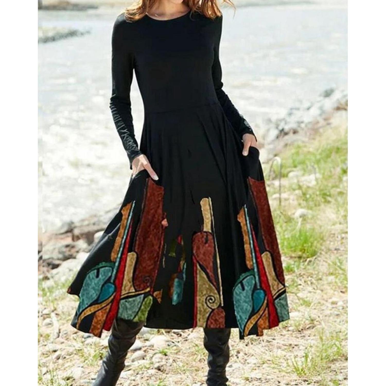 

2025 Новое женское платье с заниженной талией, элегантное платье с принтом, весна-лето, свободное и удобное 5XL чёрный