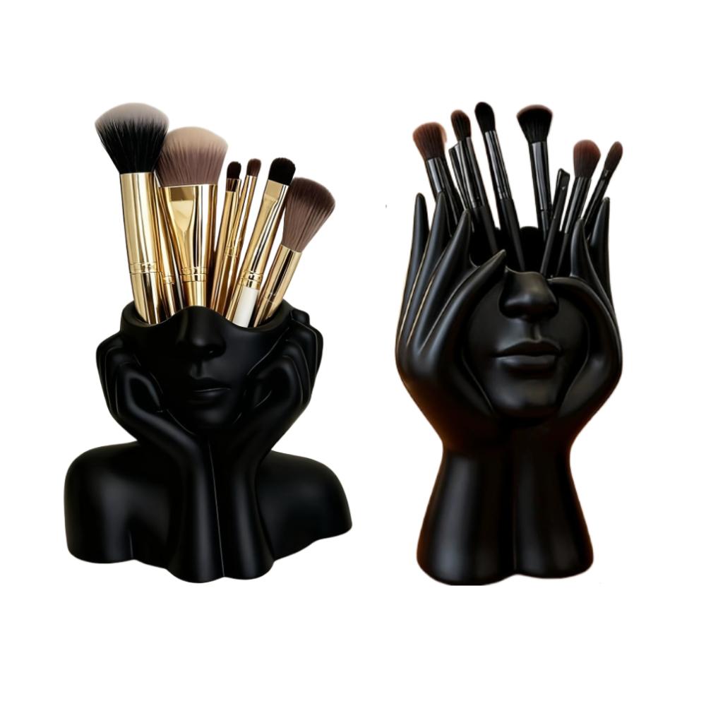 2pcs Human Face Art Desktop Decoration Makeup Brush Holder Vase with Makeup Eyebrow Pencils Home Organizer Multifunctional