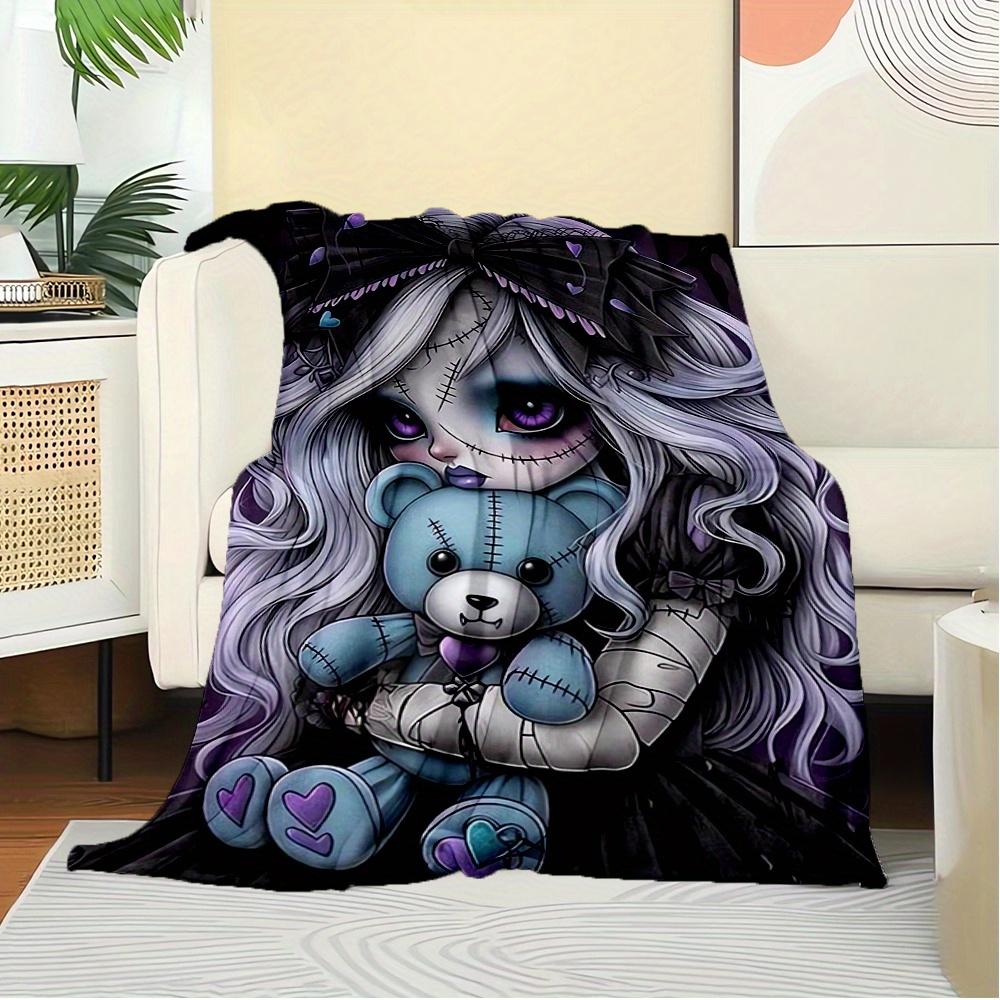 For Gothic,Doll,Teddy Bear-Themed Flannel Blanket, Glam Style, Digital Print, All-Season Comfort, Tear-Resistant, Knitted Craftsmanship, Pol