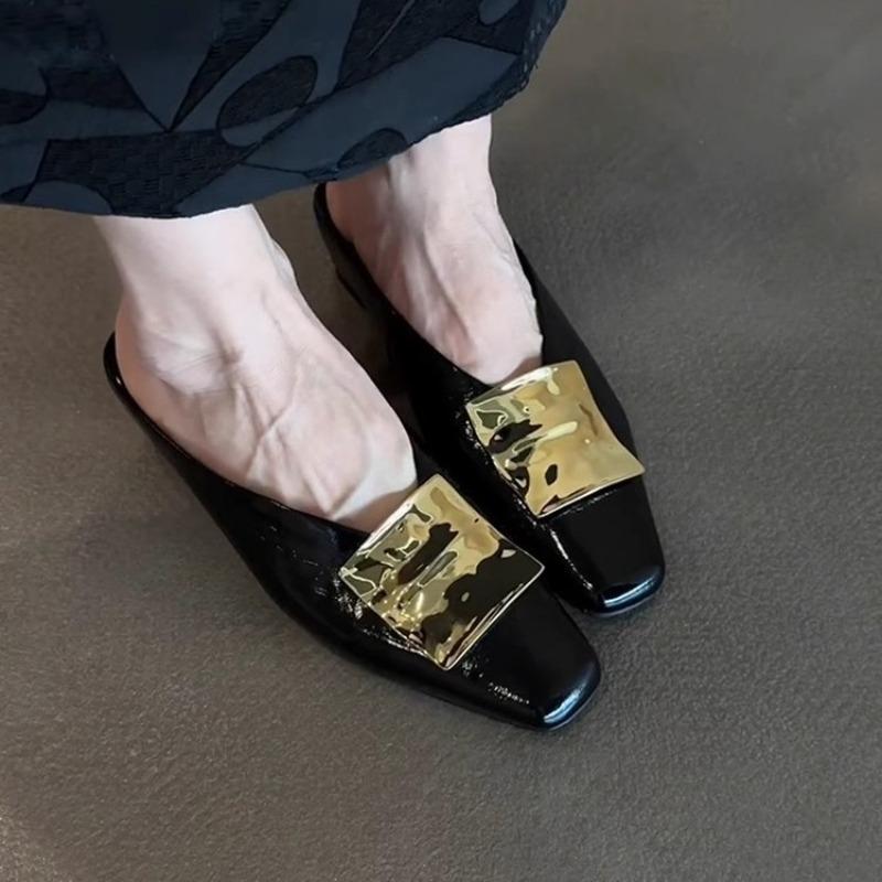 Sheepskin version~ Metal square buckle high-end leather square head half slippers women's retro one-pedal flat-bottomed bag head sandals