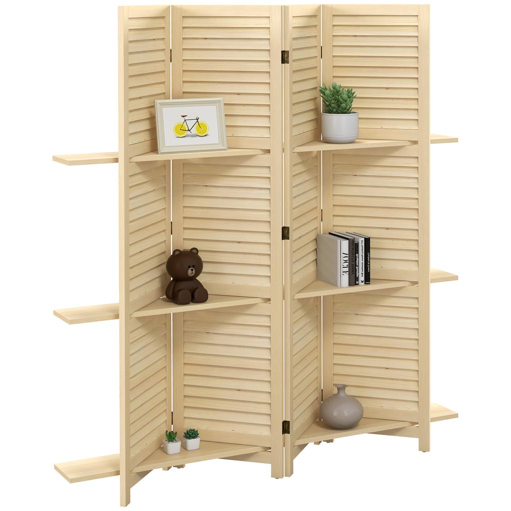 Indoor Room Divider 4 Panels 160L x 170H cm 3 Shelves Foldable Room Separator Louvred Doors Natural