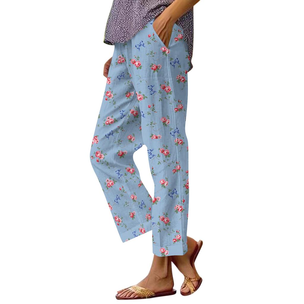 Damen Casual Hose mit Kordelzug und elastischem Bund mit Seitentaschen Entspannte Passform Leichte bedruckte Loungehose