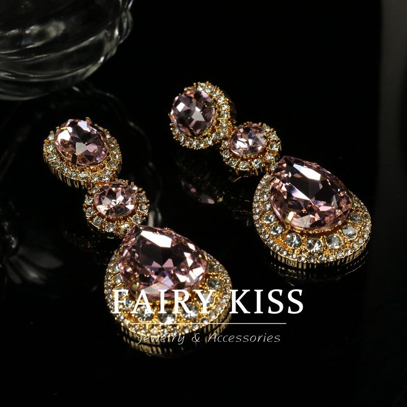 French Heavy Industry Copper-plated Real Gold Long Water Drop Dense Inlaid with Diamond Glass Atmospheric Luxury Earrings