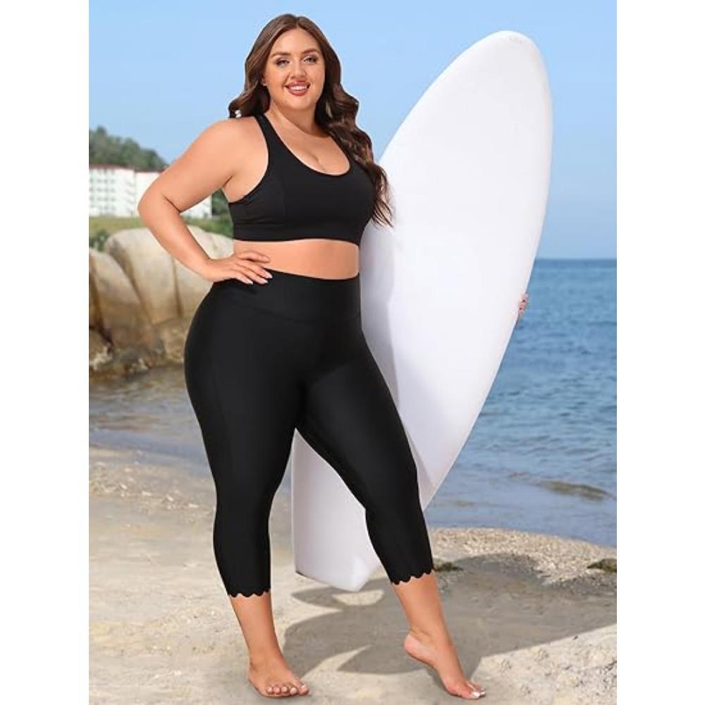 CHARMLEAKS Plus Size Swim Pants for Women High Waisted Swim Capris Waistband Pockets Swim Shorts Swimming Leggings