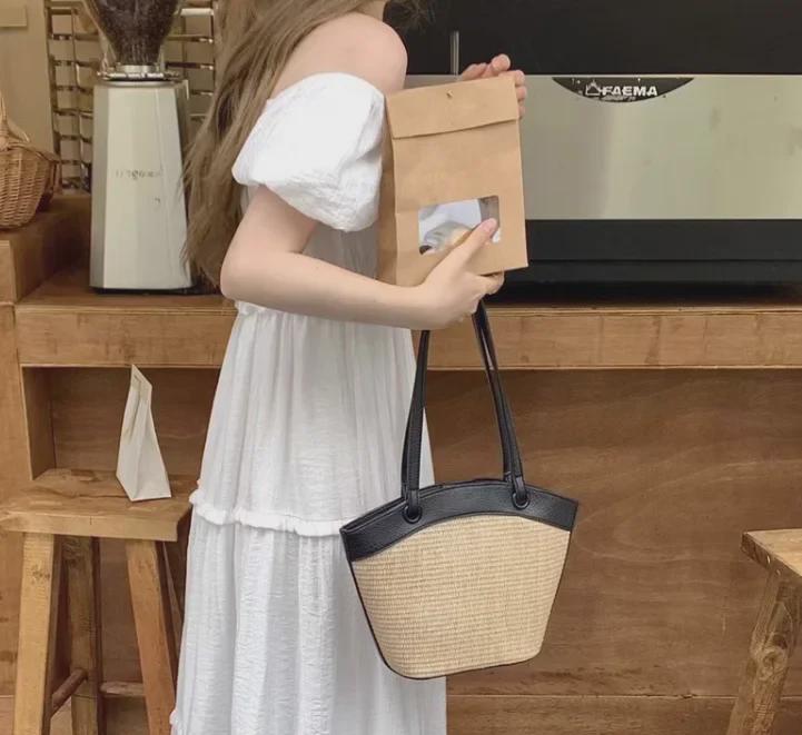 Bolsa de ombro feminina de palha trançada retrô francesa da moda - perfeita para férias à beira-mar e lazer na praia