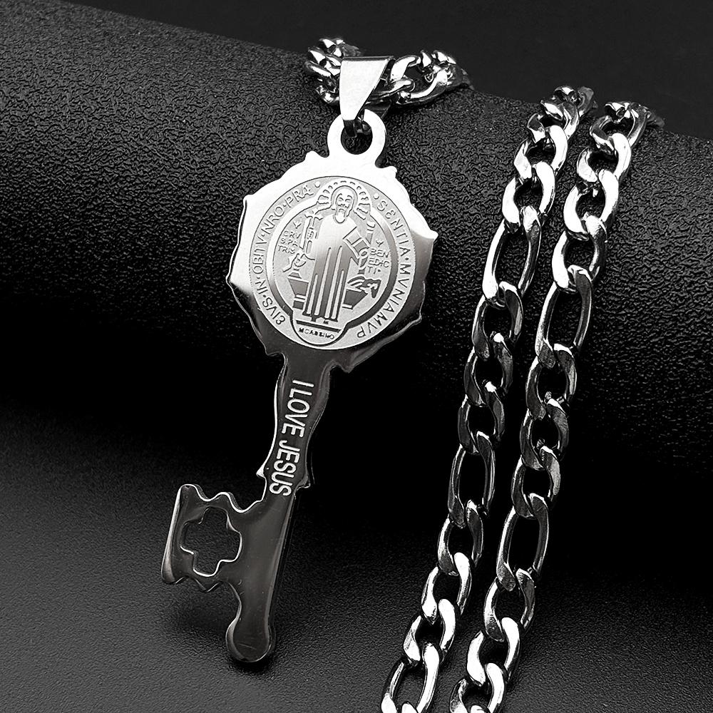 Catholic Saint Benedict Medal Key Shaped Pendant Necklace Stainless Steel I LOVE JESUS San Benito Chain Amulet Jewelry Gift