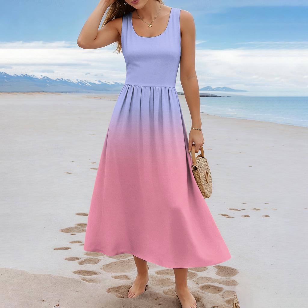 Ladies' gradient printed summer casual and fashionable sleeveless long dress