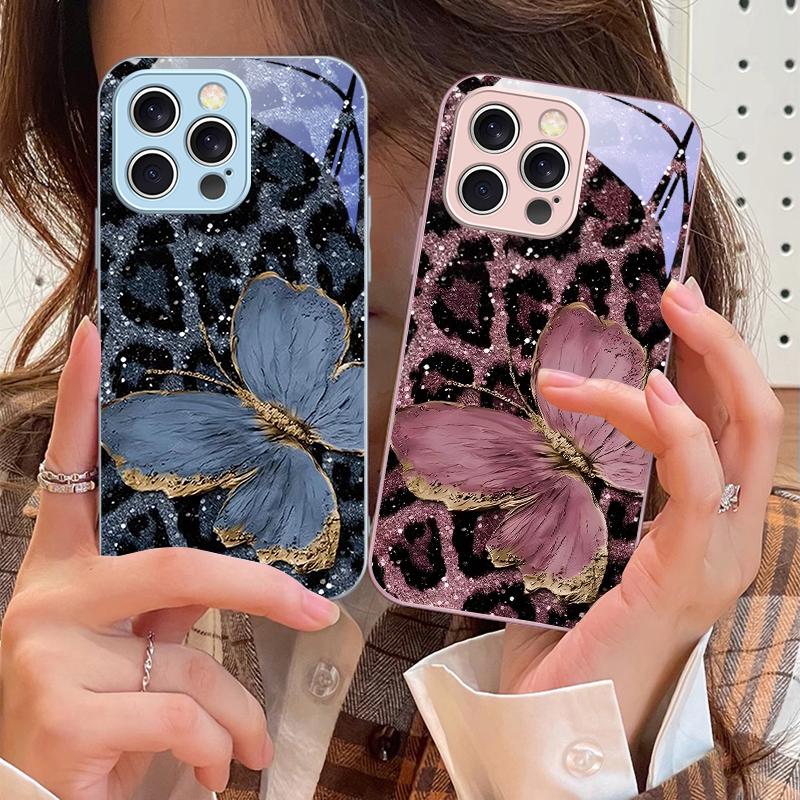 Leopard Purple Butterfly For IPhone 16 Pro Max 15 Pro 14 13 12 Mini 11 XS M ax XR 7 8 Plu SE 2022 Tempered Glass Phone Case