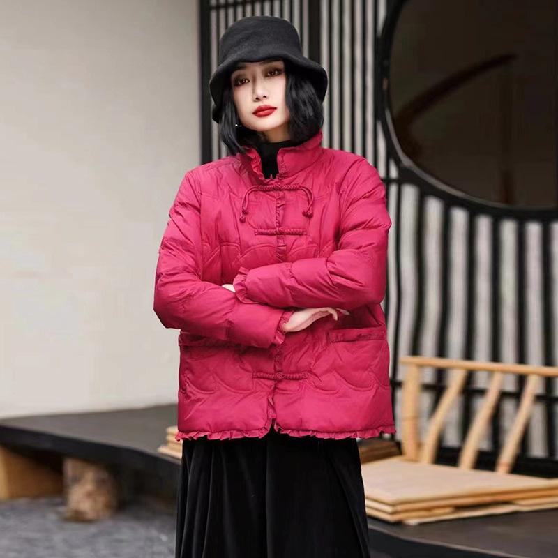 FASHION2024 New Product Handmade Buckle Light and Thin Splicing Stand-up Collar White Duck Down Short and Winter Literary Jacket Clothes