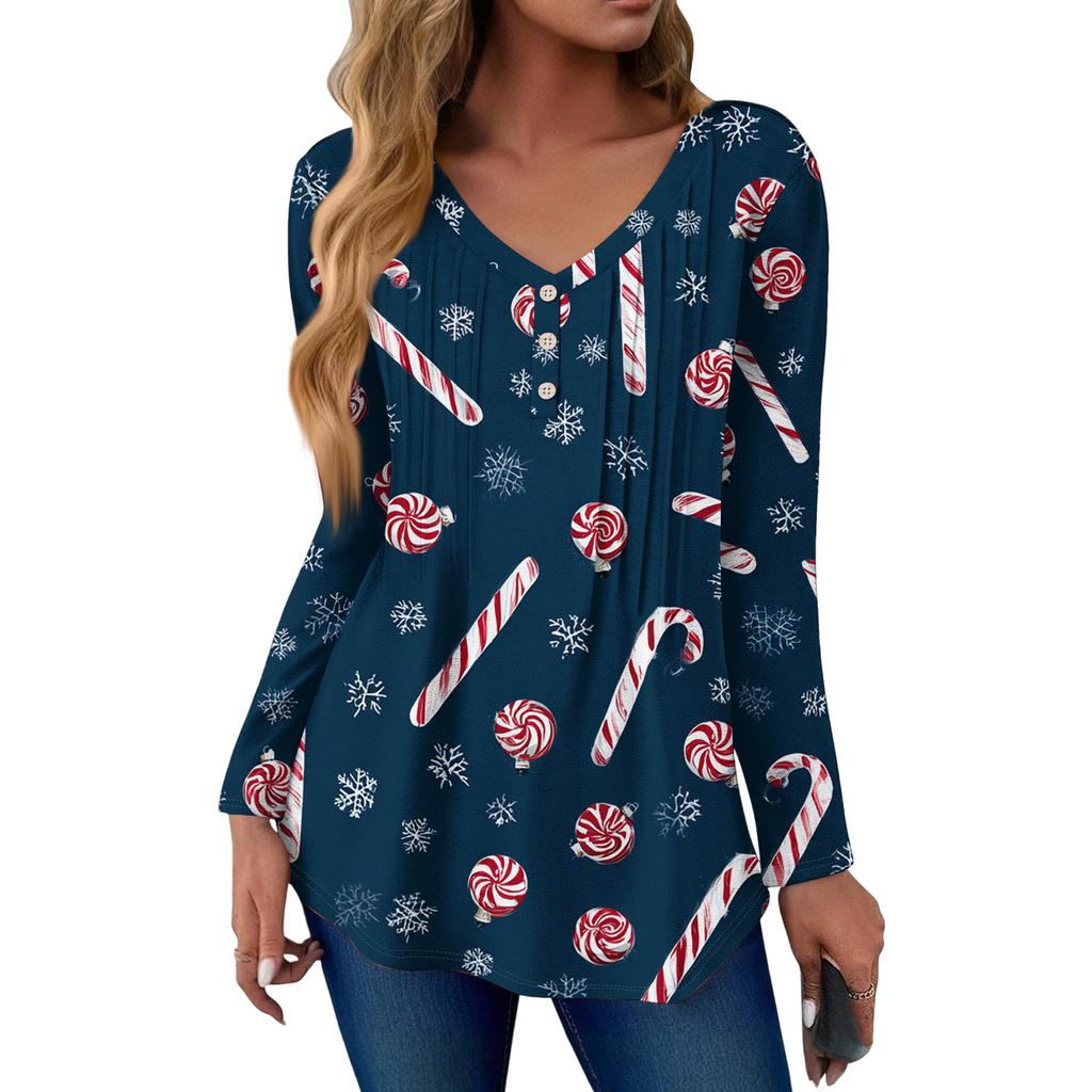 Women's Fashion Casual Christmas Tree Print V-Neck Decorative Button Long Sleeve T-Shirt Top