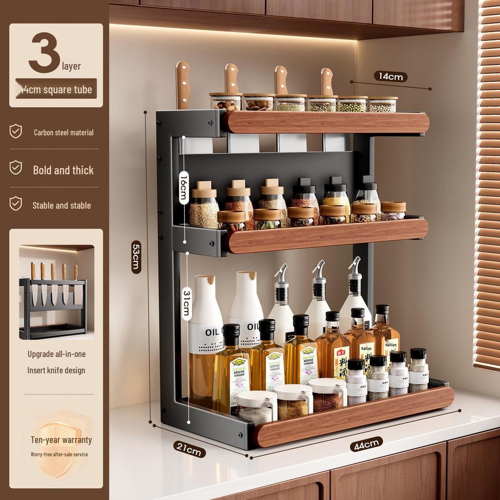 Retro Solid Wood Multi-Functional Kitchen Rack: Seasoning Storage, Jar and Bottle Holder, Knife Organizer.