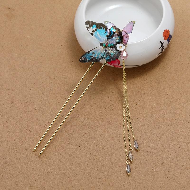 Hanfu Butterfly Fringed Hairpin Female U-shaped Disc Hairpin Retro Super Fairy Temperament Modern Hairpin Jewelry