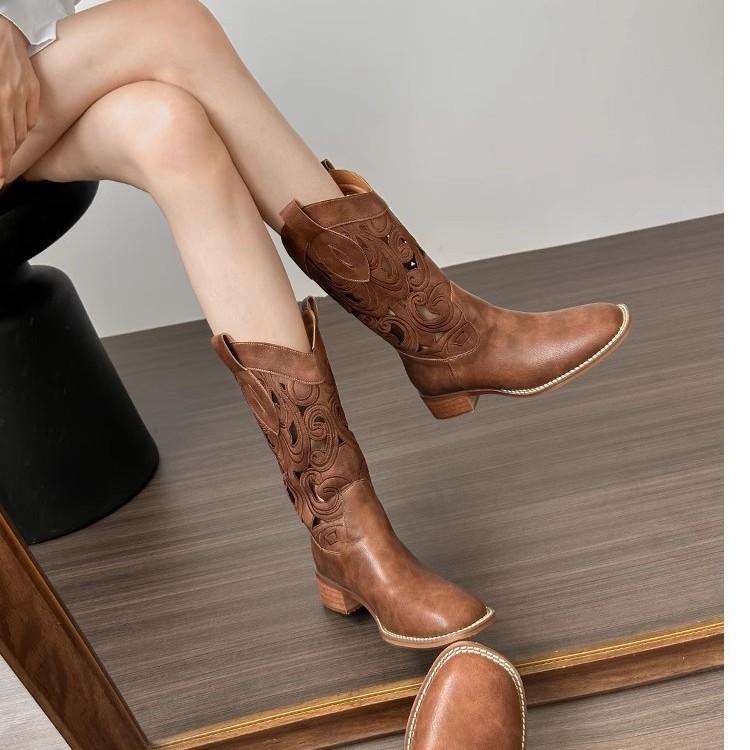 Brown Retro Western Cowboy Boots Women's 2025 New Hollow Mid Boots Embroidered Knight Boots Thick Heel Martin Boots