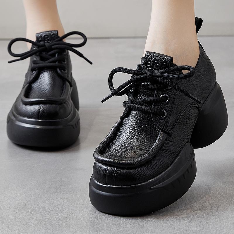 Fashion GKTINOO Thick Sole Pumps Versatile Genuine Leather Retro Women's Shoes 2025 Spring New Round Toe High Heel Platform Shoes