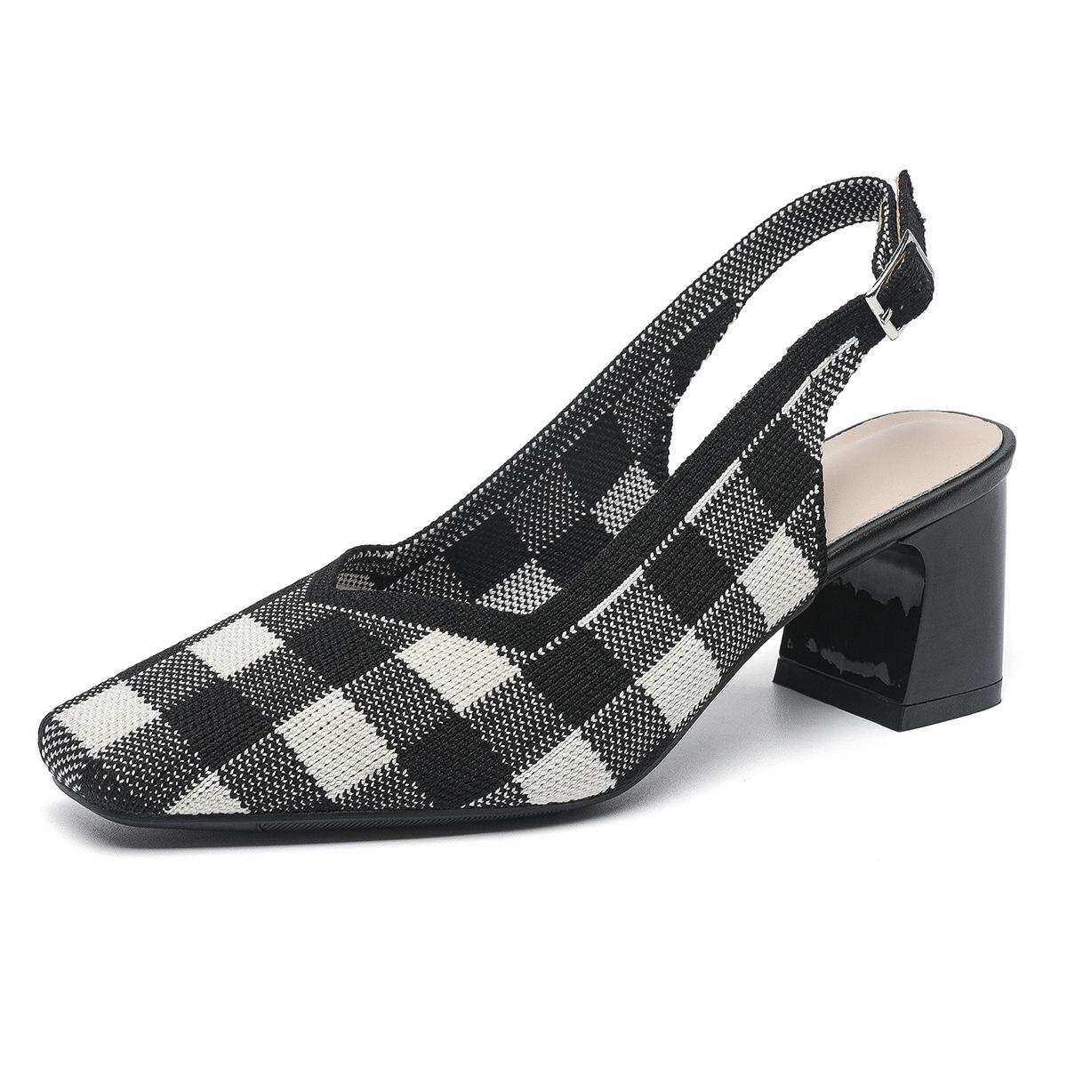 Женские туфли-лодочки в клетку с открытым носком на каблуке для работы с квадратным носком Удобные туфли-лодочки с толстым носком Вязаные туфли с закрытым носком Стильные нарядные туфли Деловые туфли без застежек на толстом каблуке 34 чёрный 2839₽