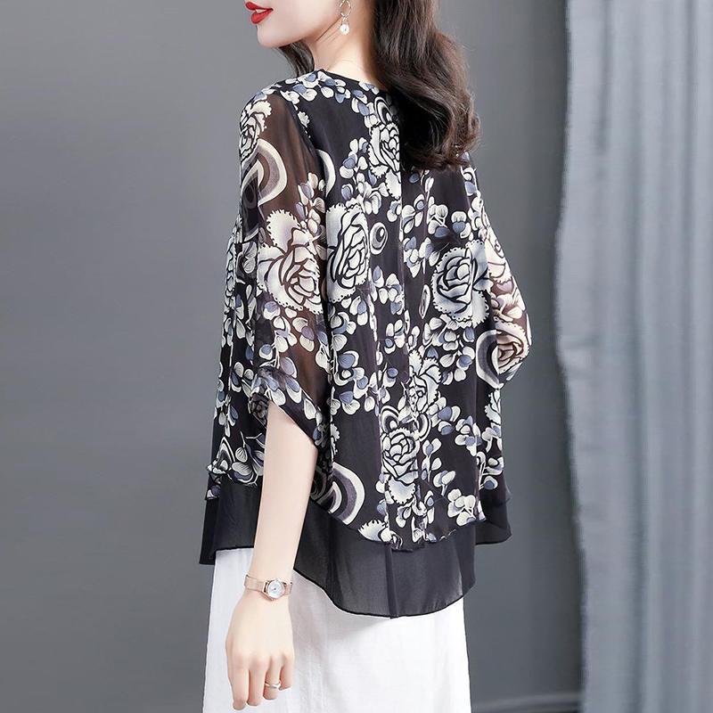 Women Spring Summer Style Chiffon Blouses Shirts Lady Casual Three Quartz Sleeve O-Neck Printed Loose Blusas Tops